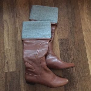 Rosegold flat tan leather boots knee w/cuff S 36